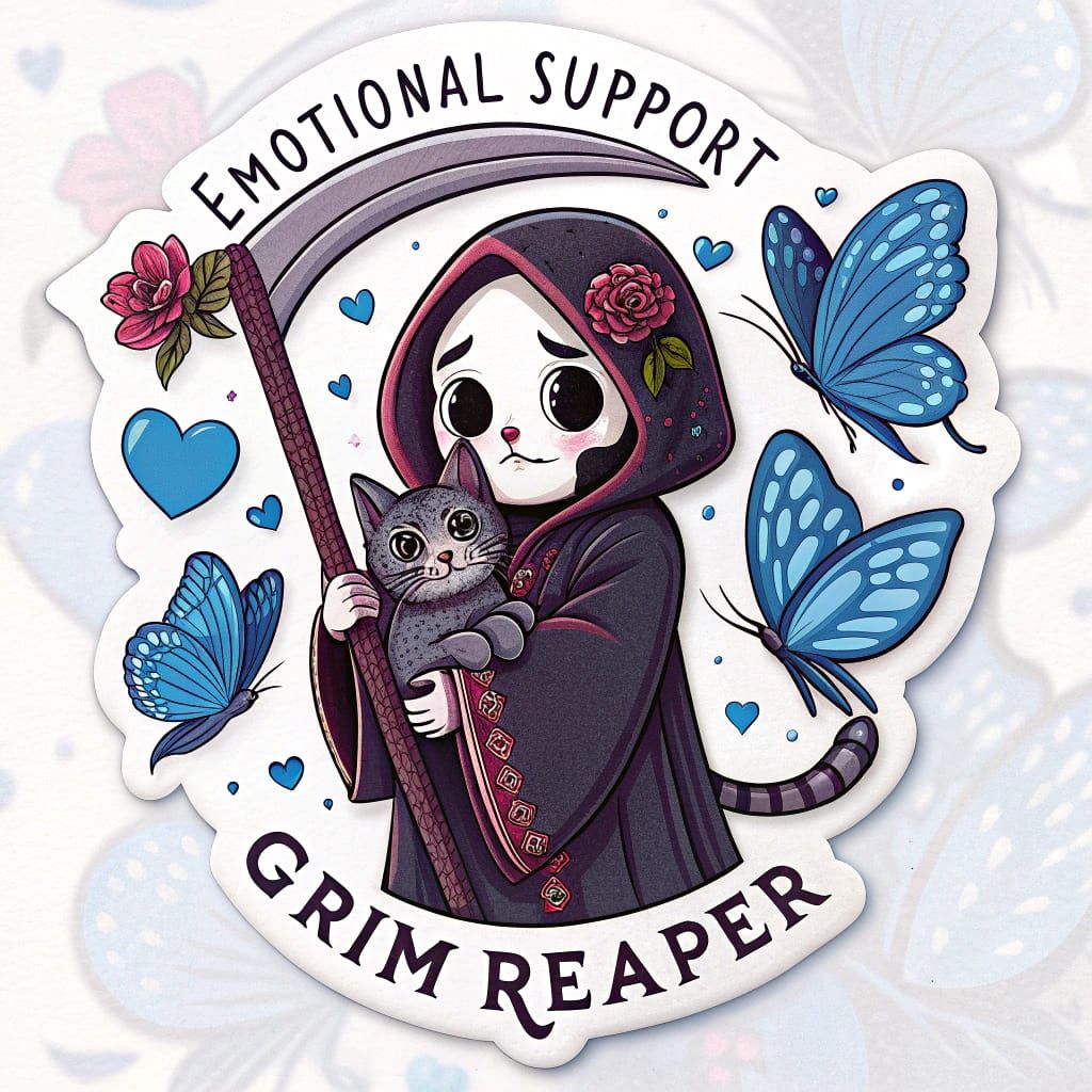 Cute Grim Reaper with Cat in Vintage Illustration