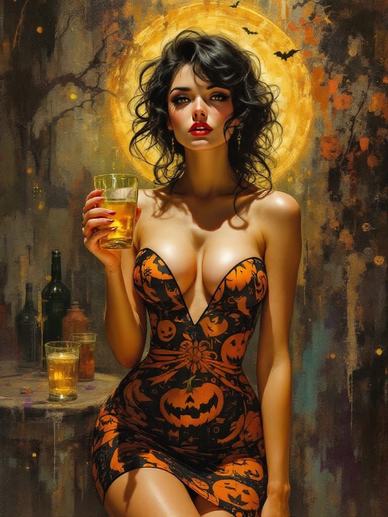 Pin-Up Girl at Halloween Party in Tonalist Style