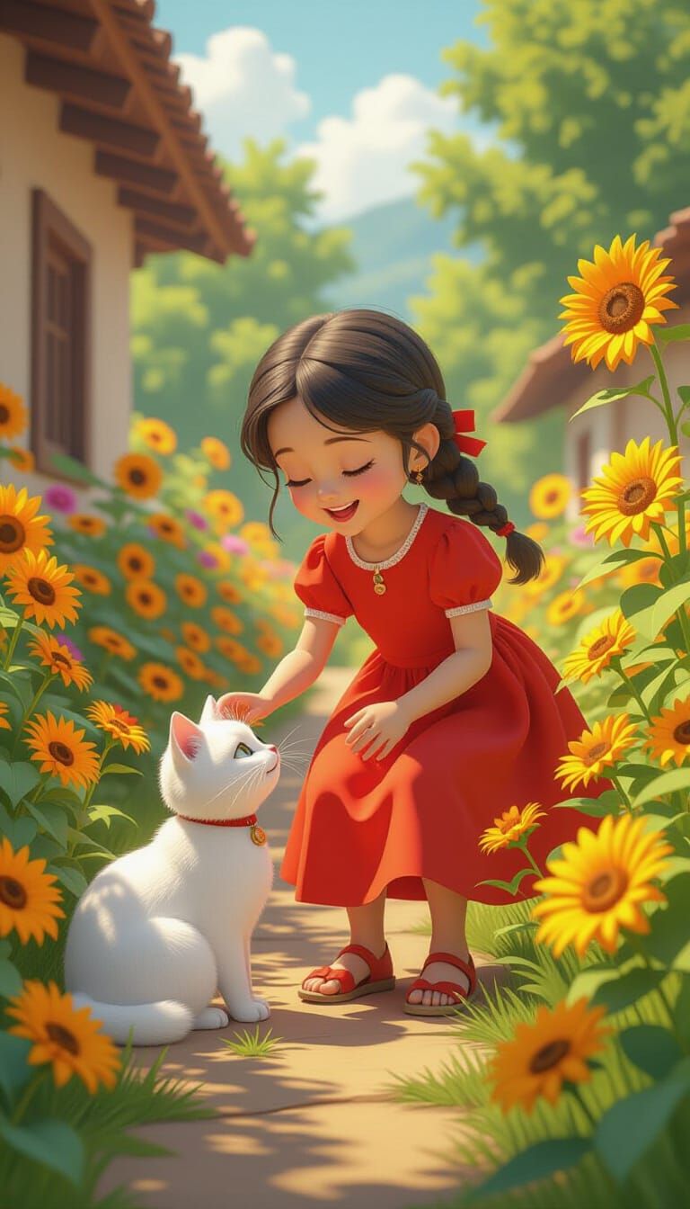 Girl and Cat in Indian Cartoon Flower Garden