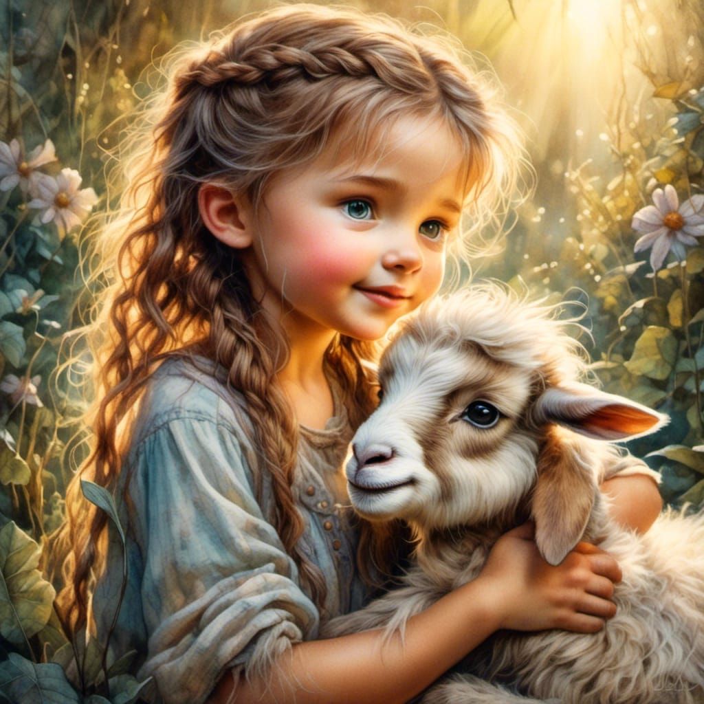 Girl Hugging Goat in Detailed Watercolor Painting