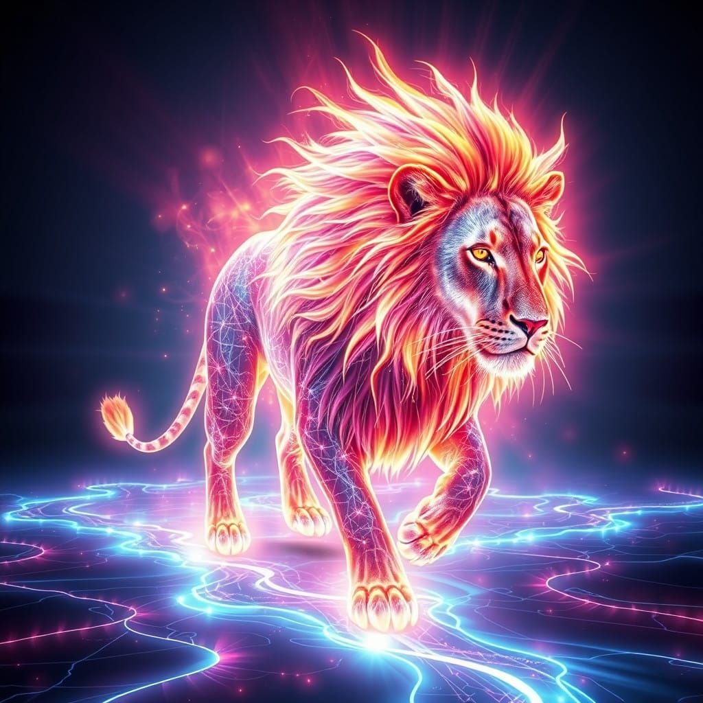 Ethereal Lion Born from Radiant Light Beams