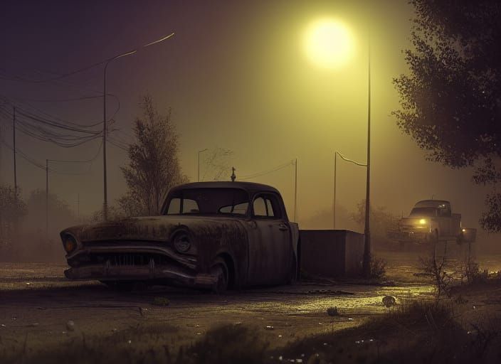 Creepy Abandoned Cars at Night: Hyperrealistic Digital Art