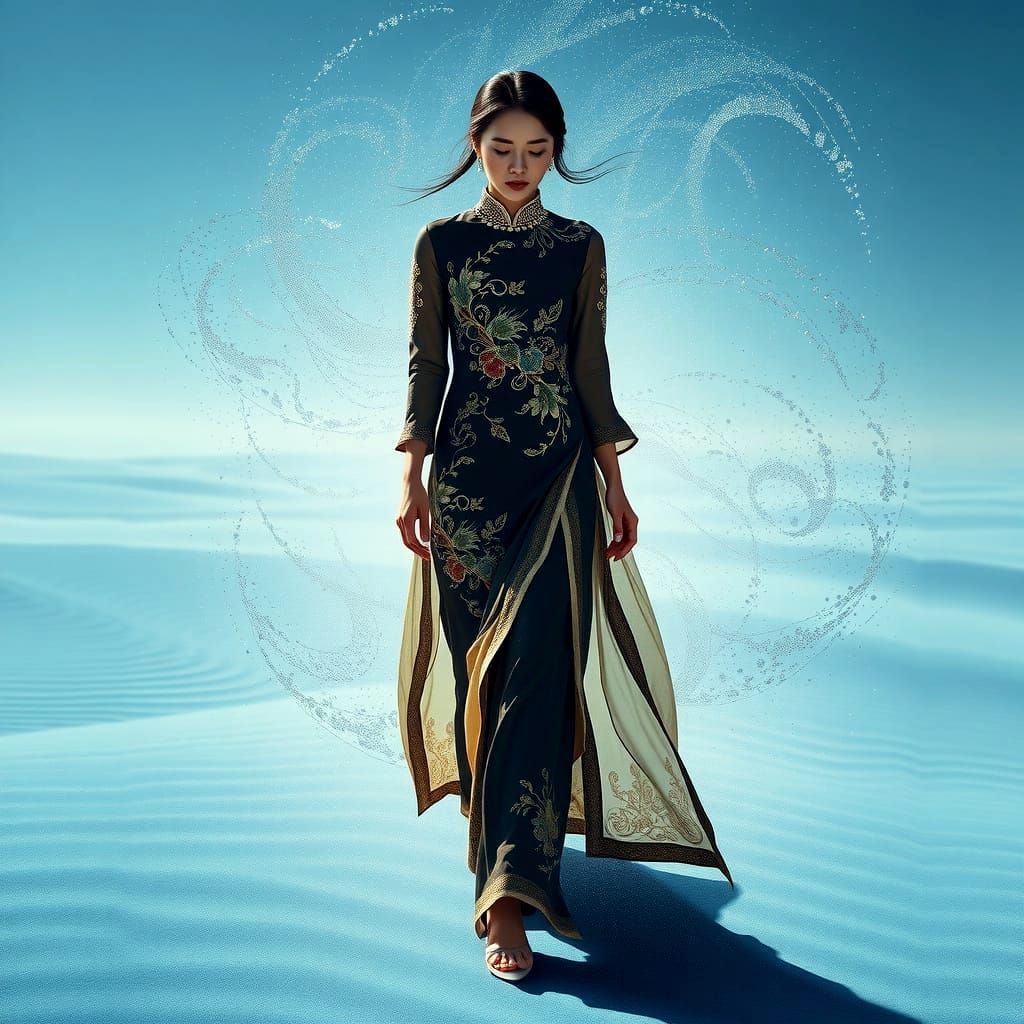 Chinese Woman on Blue Sand with Particle Effects