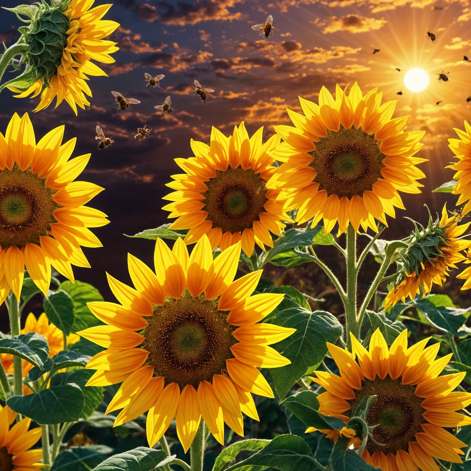 Sunflowers in Bloom at Sunset