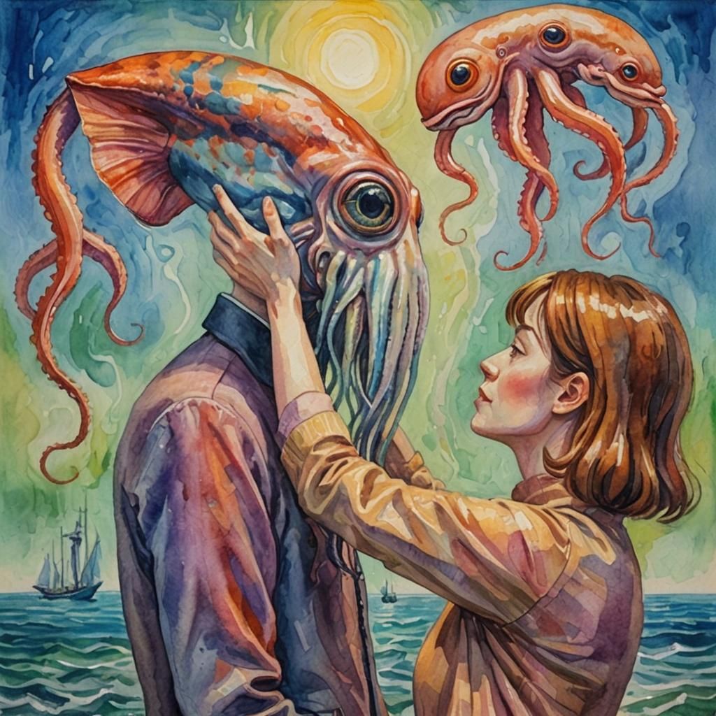 Woman in Love with Squid Man: Gouache Style