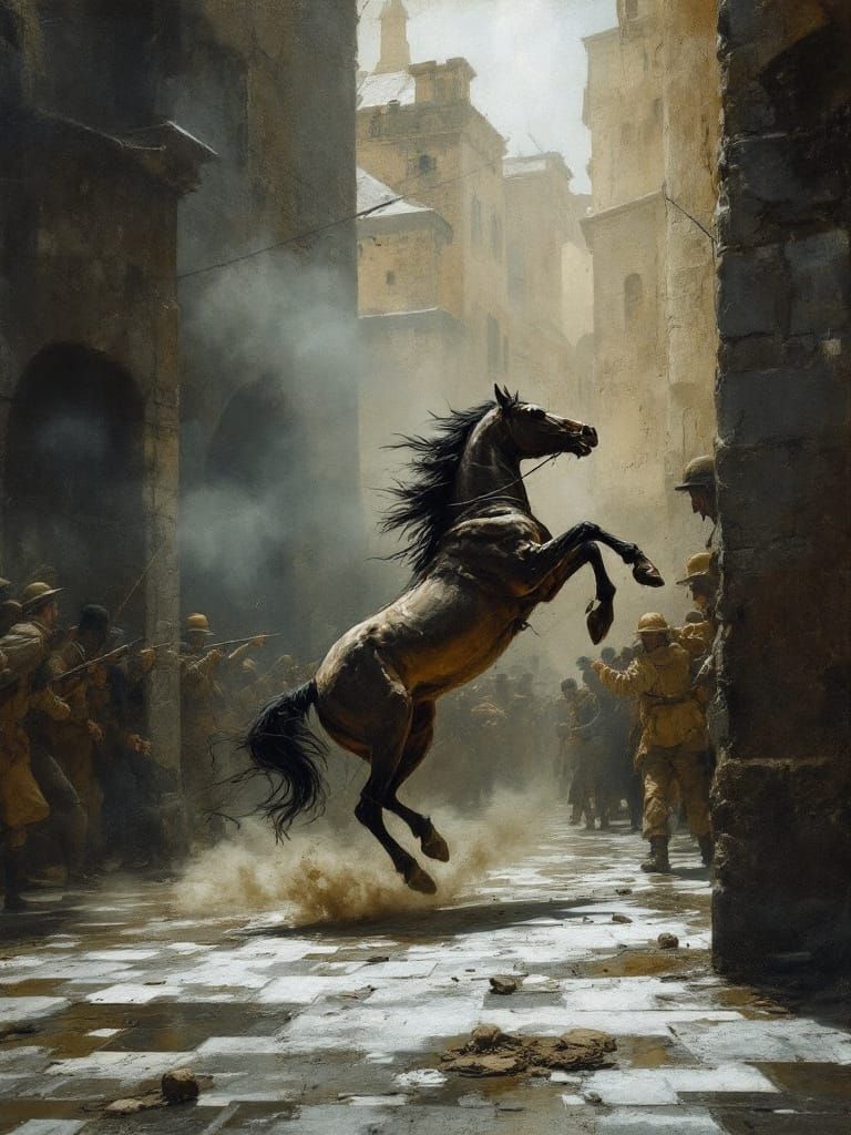 Goya & Bruegel Inspired Horse Running Free in Austere Style