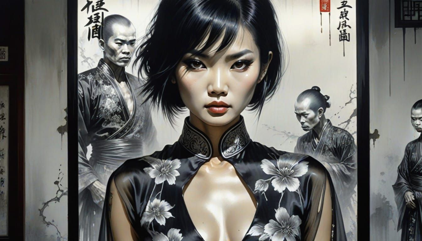 A Breathtaking Vietnamese Woman in a Black and Silver Chines...