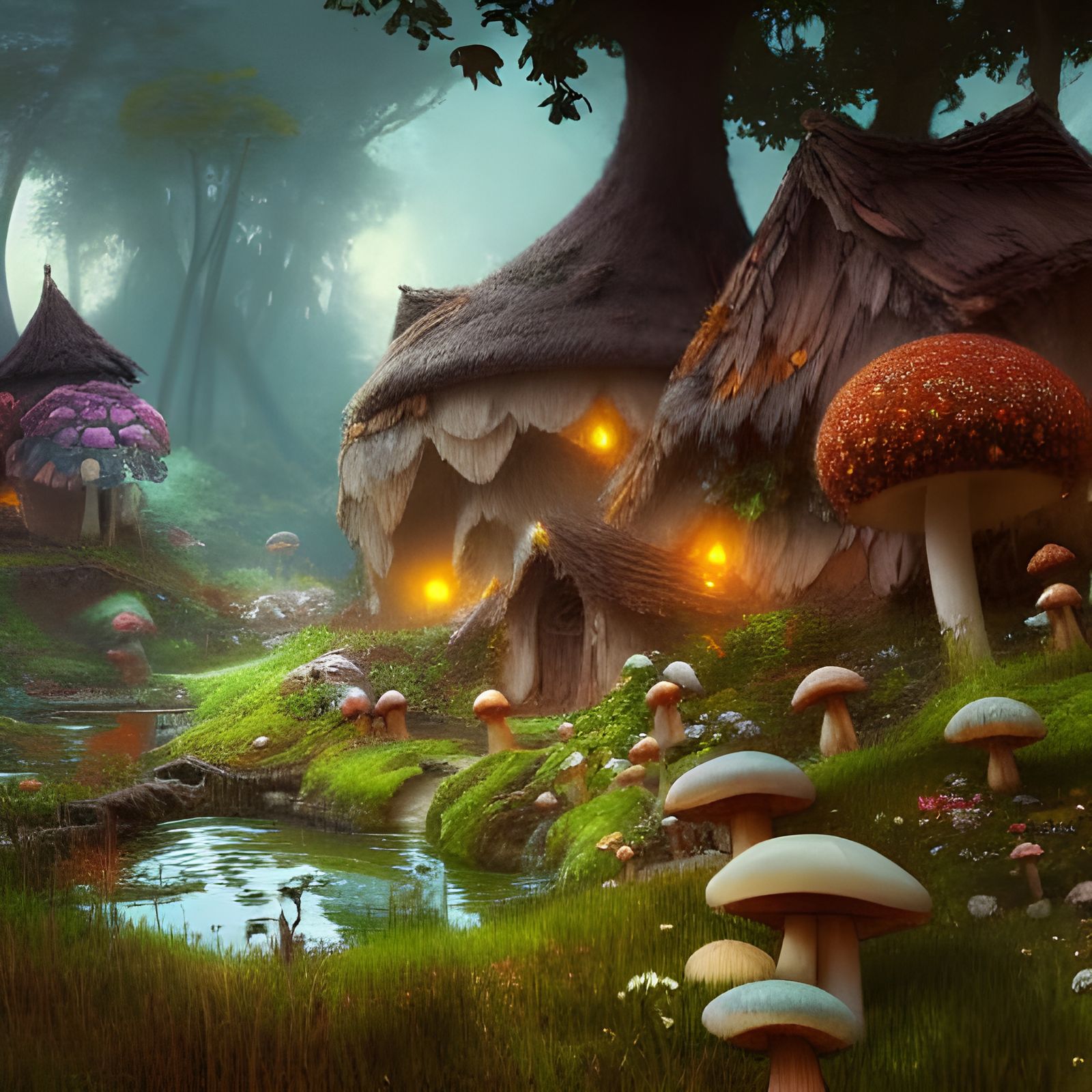 Mushroom Village Concept Art in Art Nouveau Style