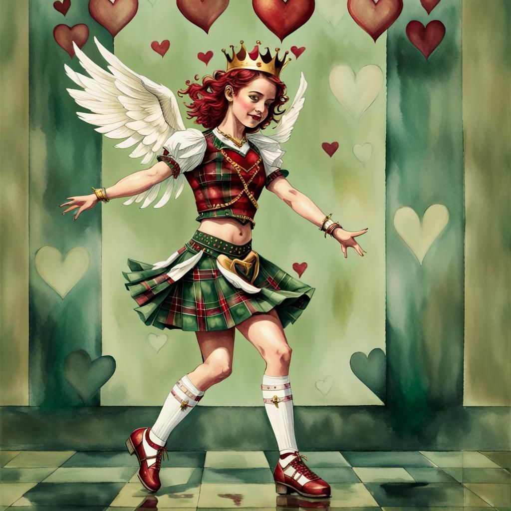 Female Cupid Dances in Air Village, Art Deco Watercolor