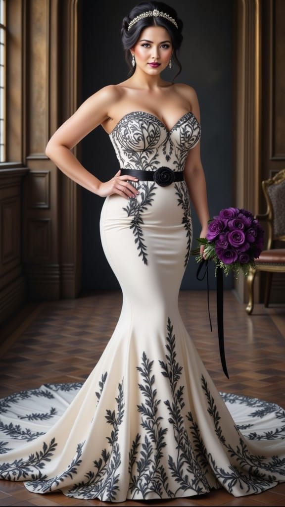 Curvaceous Bride in Black Rose Mermaid Wedding Gown