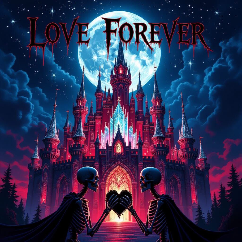 Crystal Castle Under a Blood Moon with Skeletal Lovers