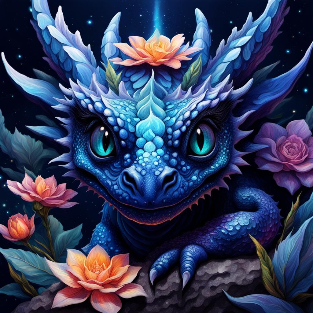 Dark Blue Dragon Among Flowers, Astral Illustration