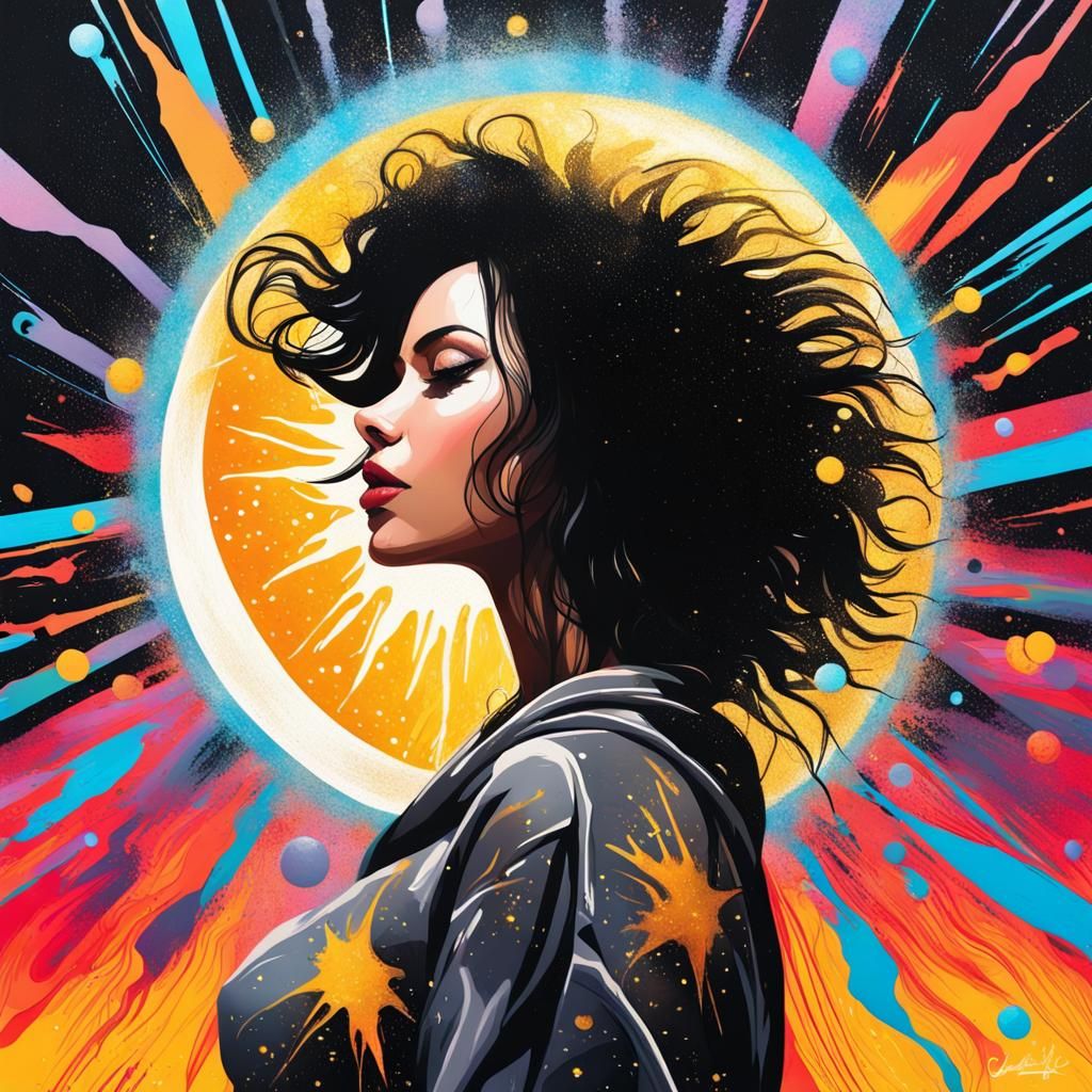 Woman under Solar Eclipse in Graffiti Art Style