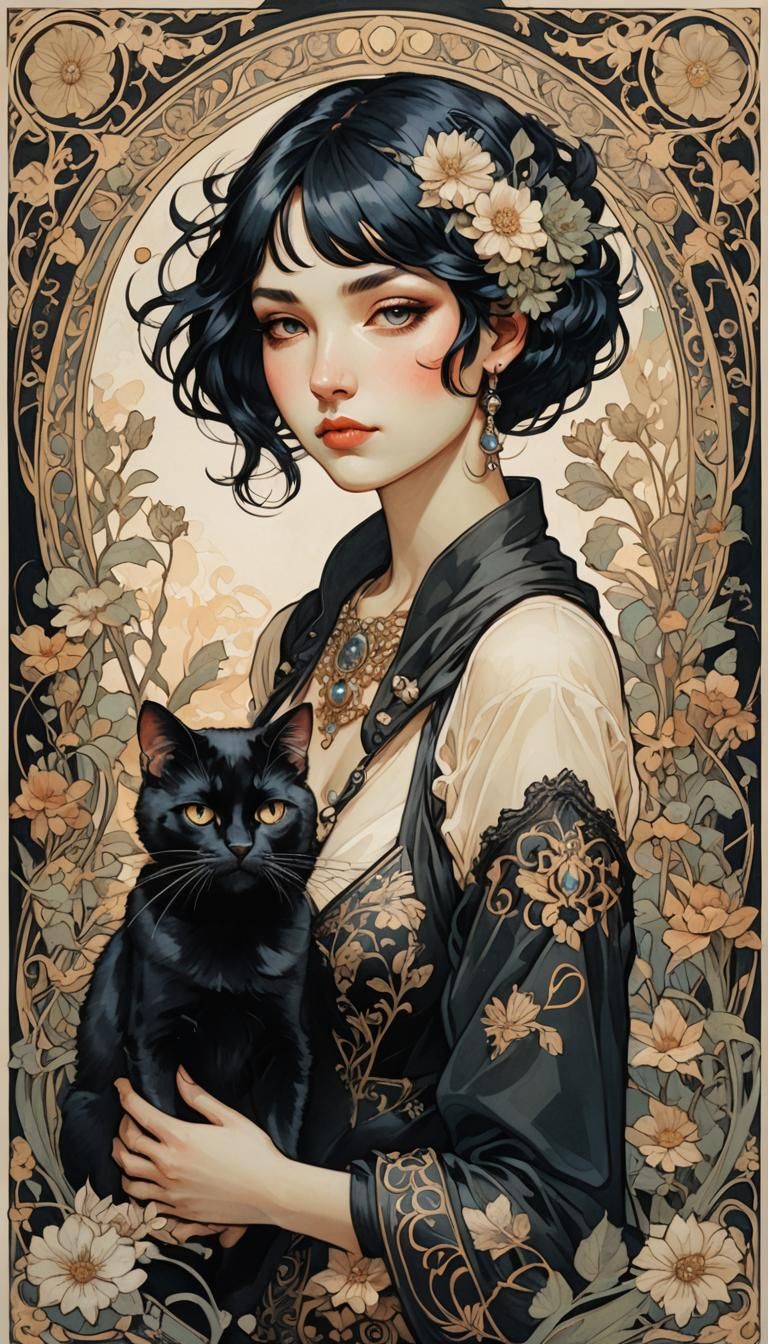 Girl with Black Cat in Art Nouveau Style