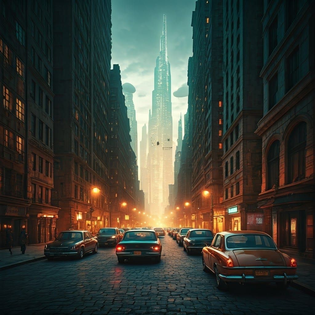 Congested Cityscape at Dusk: Detailed Matte Painting