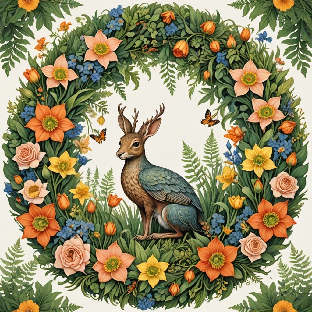 Symmetrical Floral Wreath in Whimsical Style