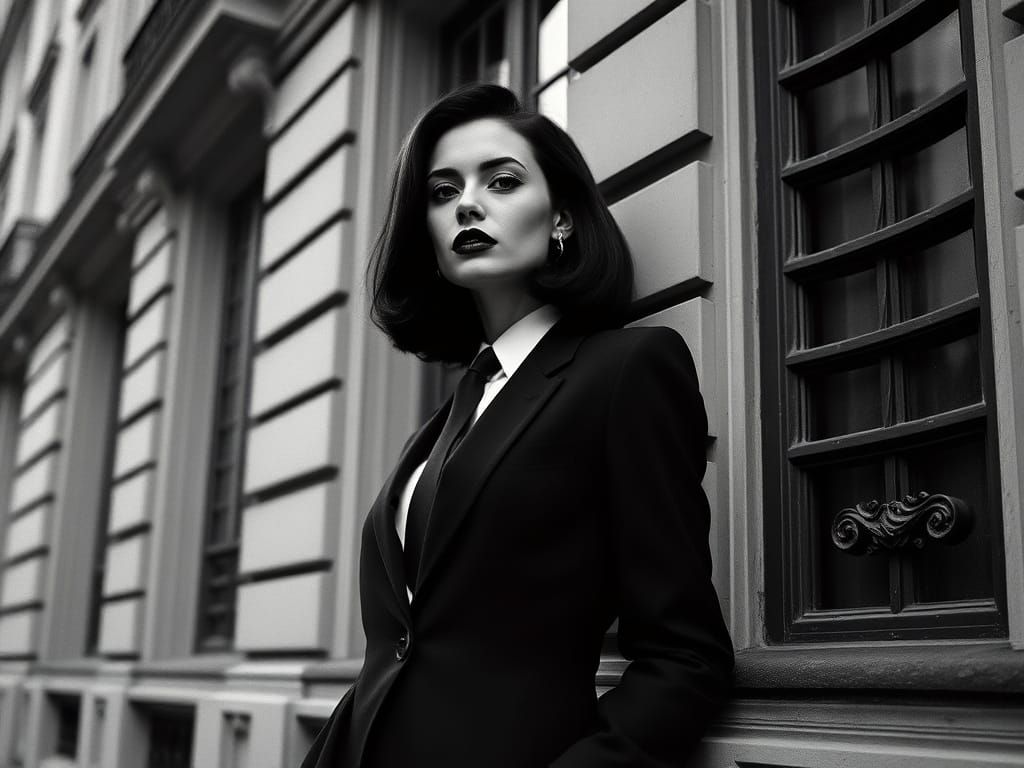 Elegant Woman in Black Suit, 1980s Paris, Film Noir