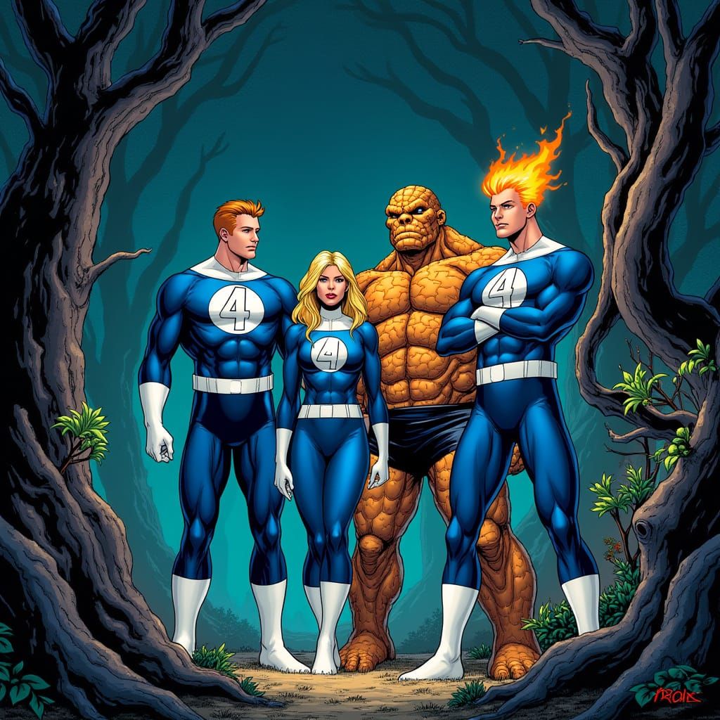 Fantastic Four in Dark Forest Comic Art