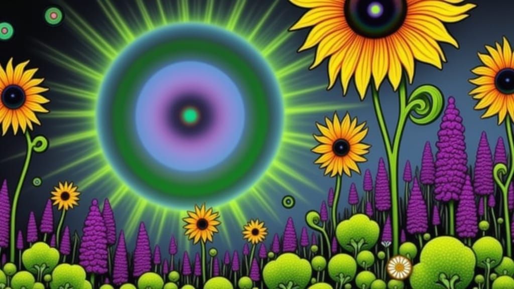 Surreal Meadow with Giant Sunflowers and Shadow Creatures