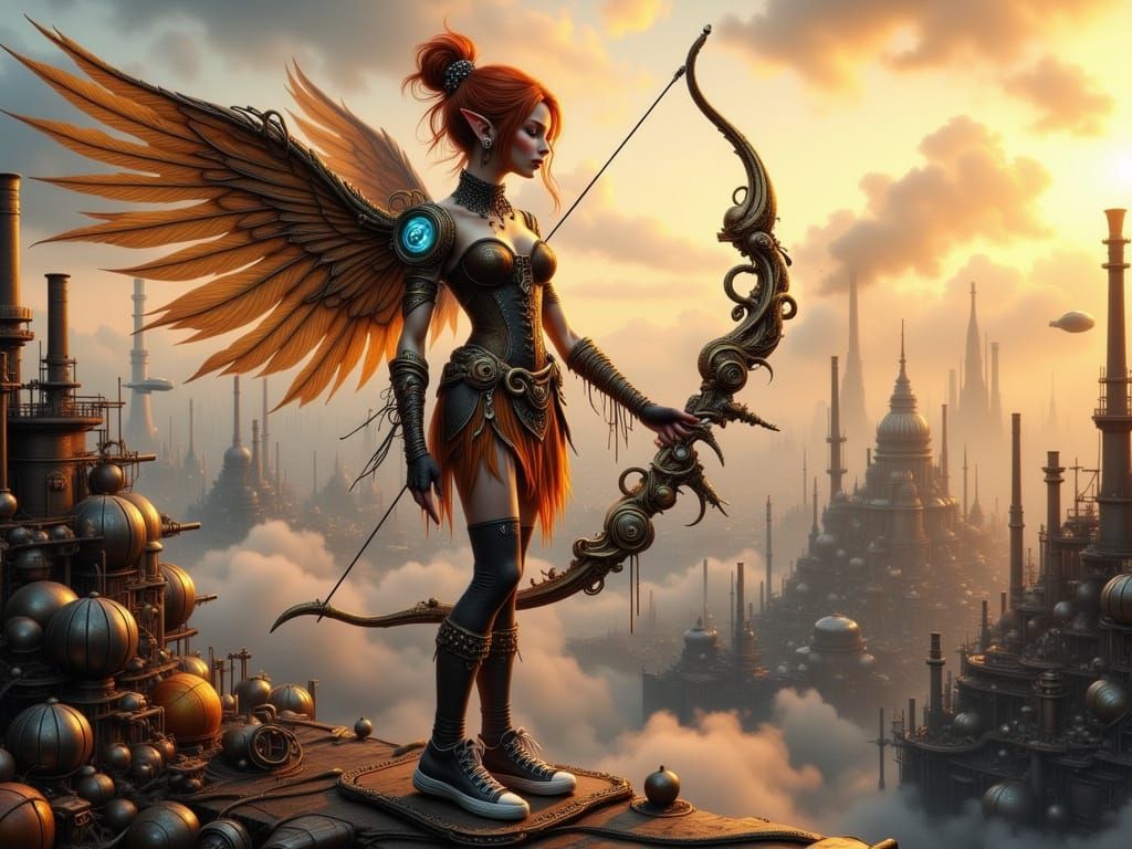 Steampunk Elf Archer in Decaying Cityscape