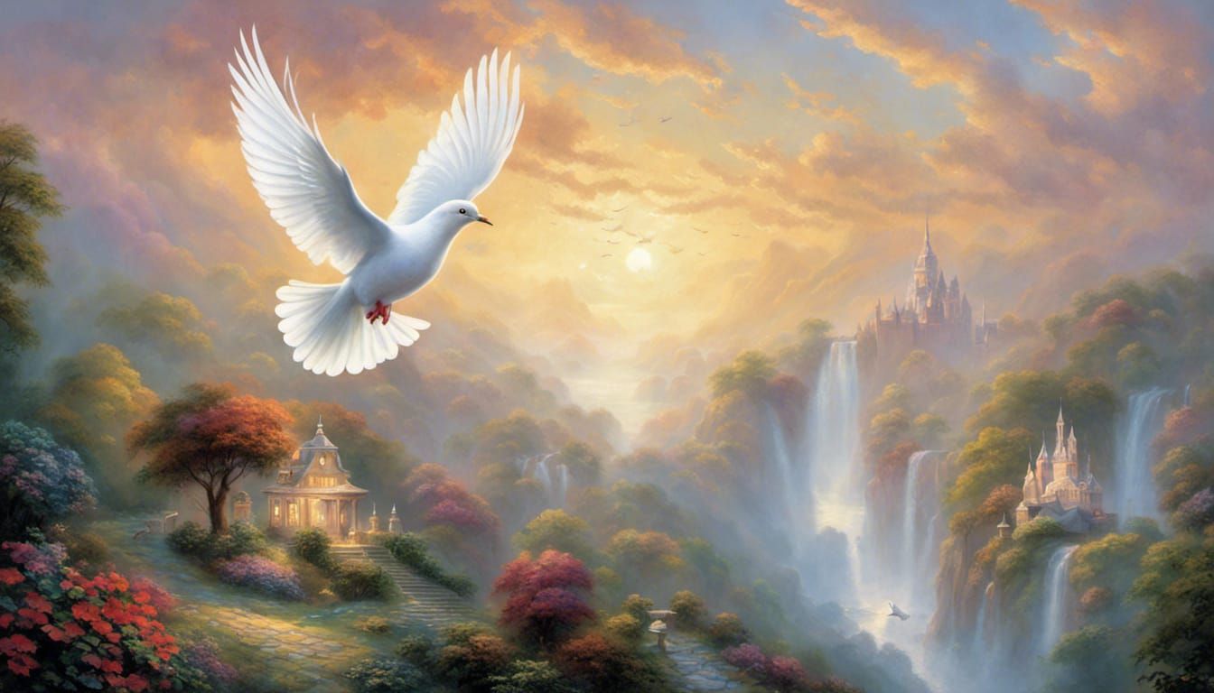 Lush Floral Waterfall Scene with Dove and Globe