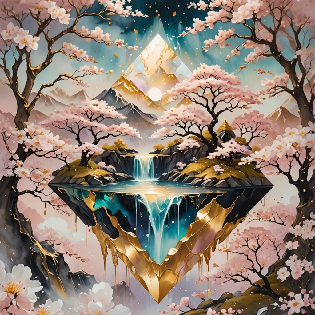 Ethereal Island with Sakura in Dreamy Double Exposure
