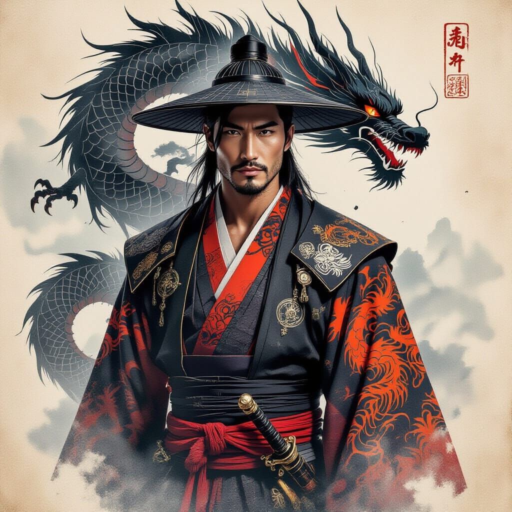 Samurai With Dragon Tattoos in Double Exposure Watercolor St...