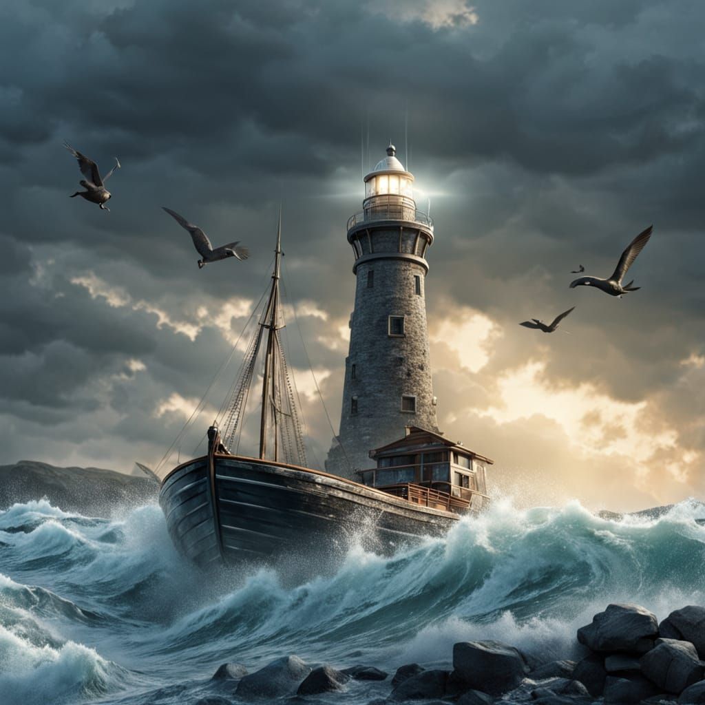 Boat of Sea Glass Braving Stormy Seas Near Lighthouse