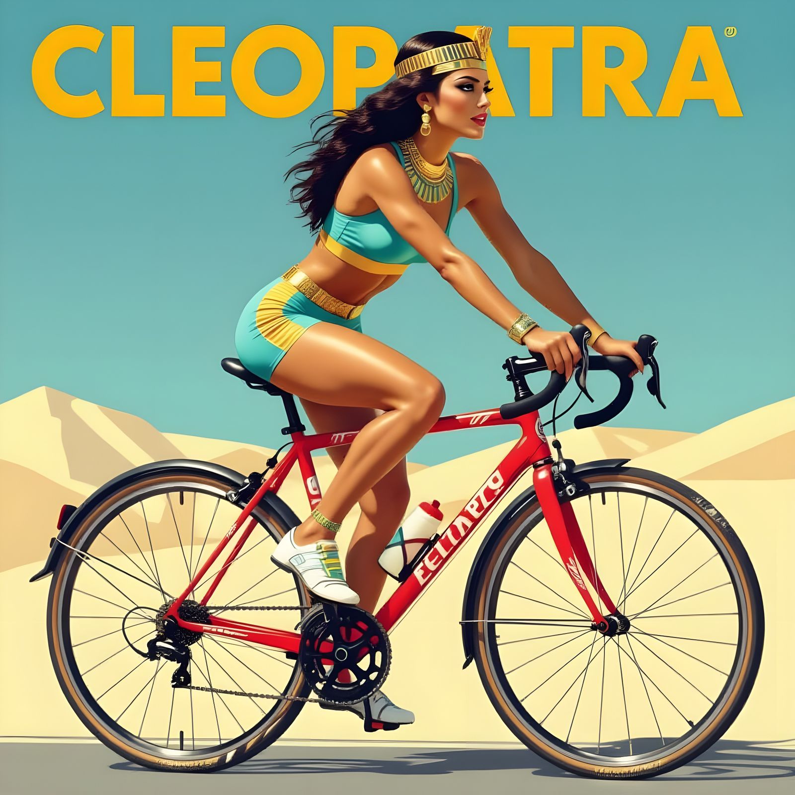 Cleopatra Rides Bicycle in Glamorous Sports Ad Style