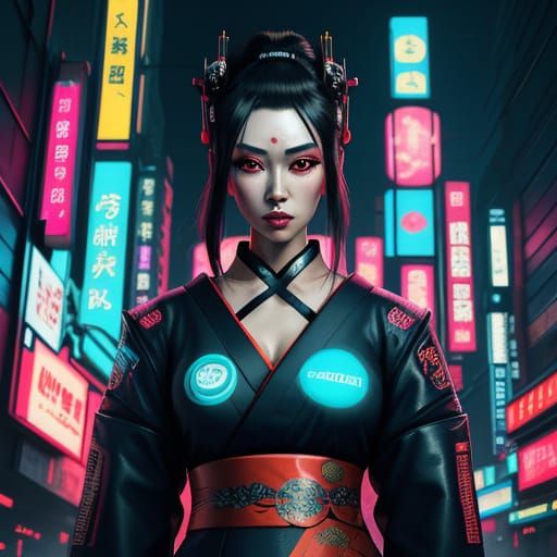 Cyberpunk Geisha Amidst Neon Cityscape in Double Exposure