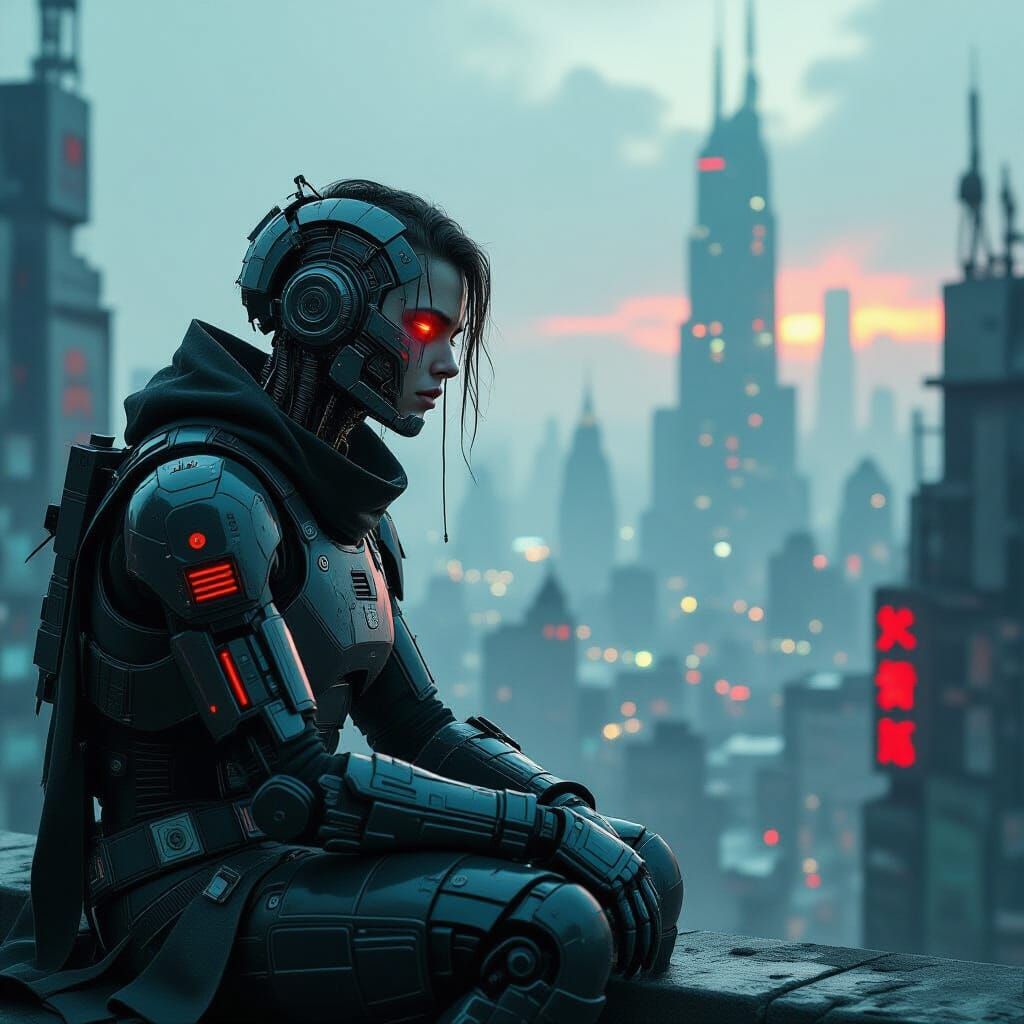 Cyborg's Lament: Dystopian Cityscape in Cyberpunk Style