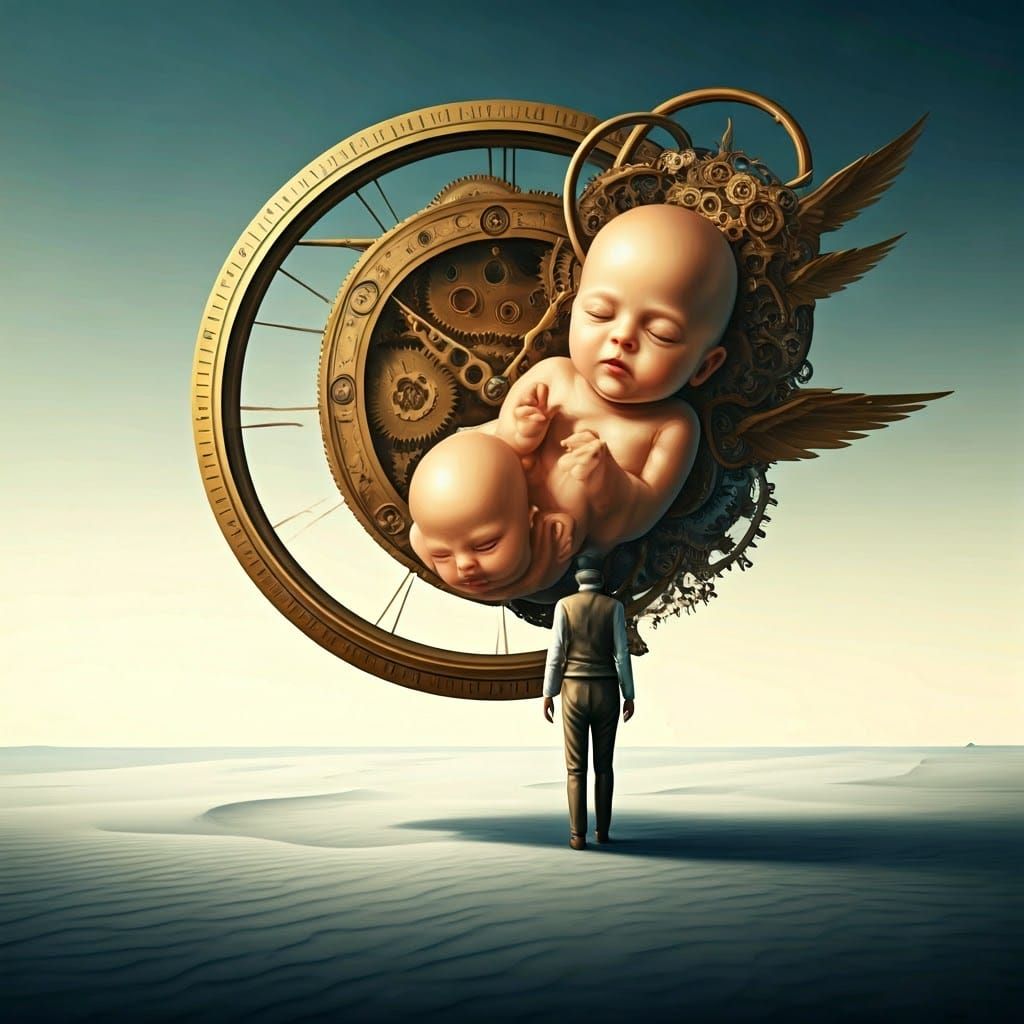 Steampunk Clock Gives Birth in Surreal Desert
