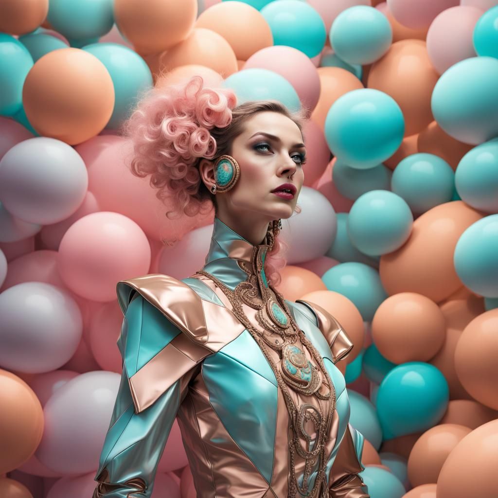 Model in Futuristic Costume with Rococo Pastel Balloons