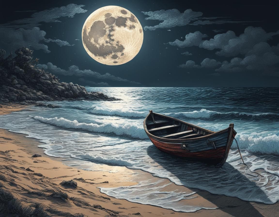 Moonlit Seascape with Boat, Hyperreal Concept Art