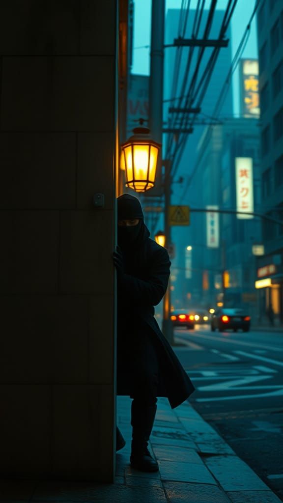 Ninja Hiding in Shadows: Cinematic Film Still