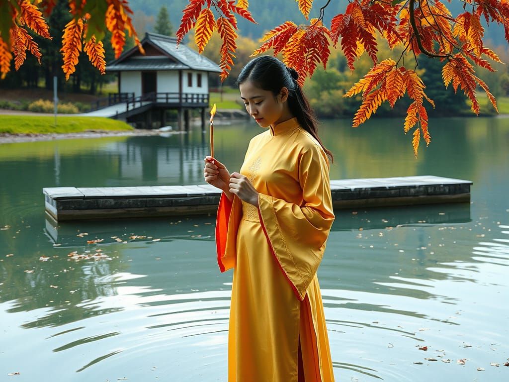 Young Woman in Traditional Attire Prays by Tranquil Lake
