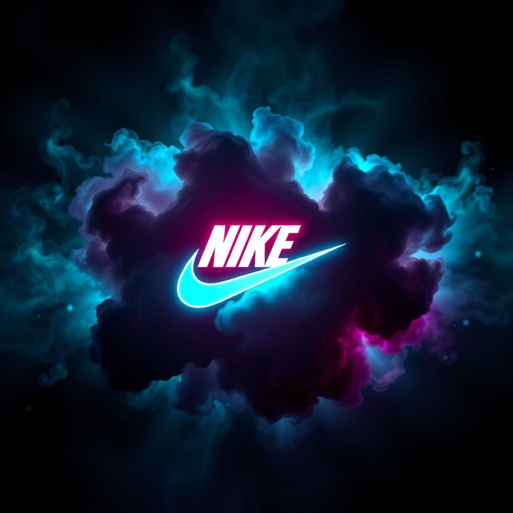 Dark Swirling Clouds with Turquoise Light and Nike Logo