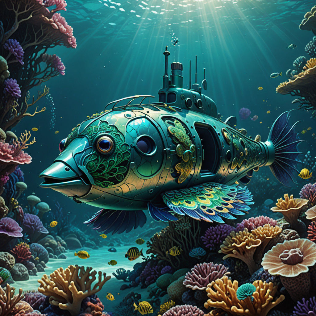 Vibrant Peacock Submarine Dives into Coral Reef Paradise