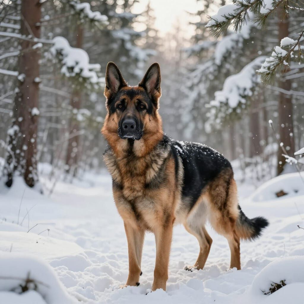 Loyal German Shepherd in Snowy Forest Clearing