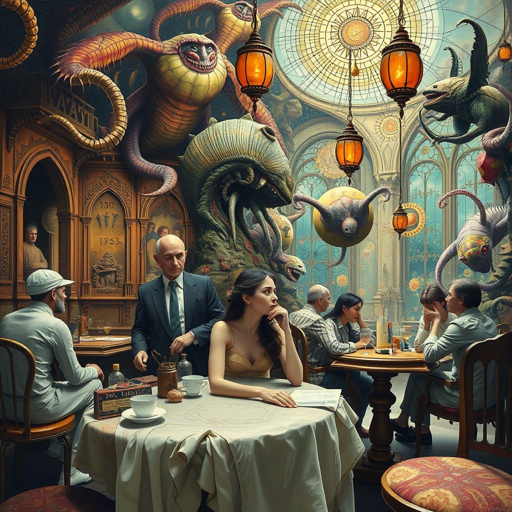 Surreal Cafe Scene Across Time as Glitch Art