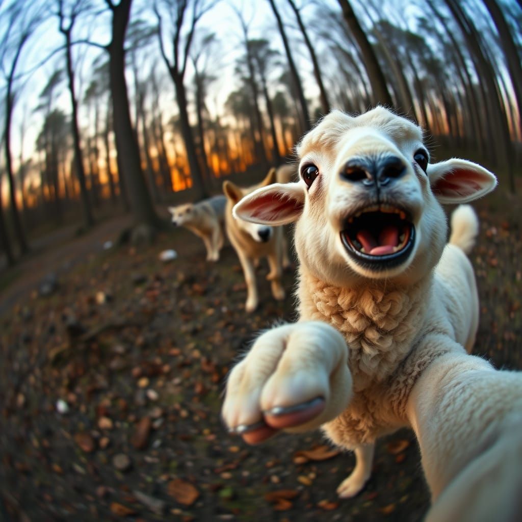 Silly Lamb Photobomb with Wolves in Dusk Forest