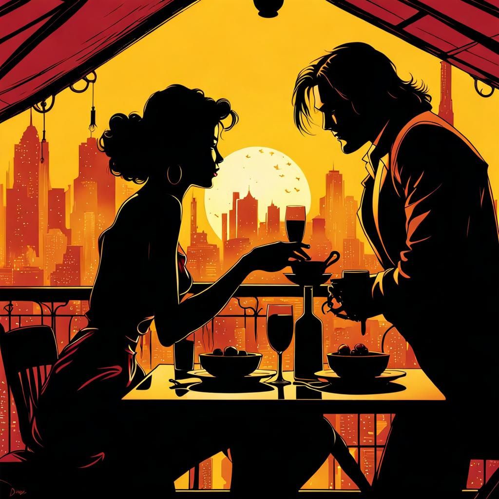 Romantic Rooftop Dinner: Tarzan and Jane in Cyberpunk Style