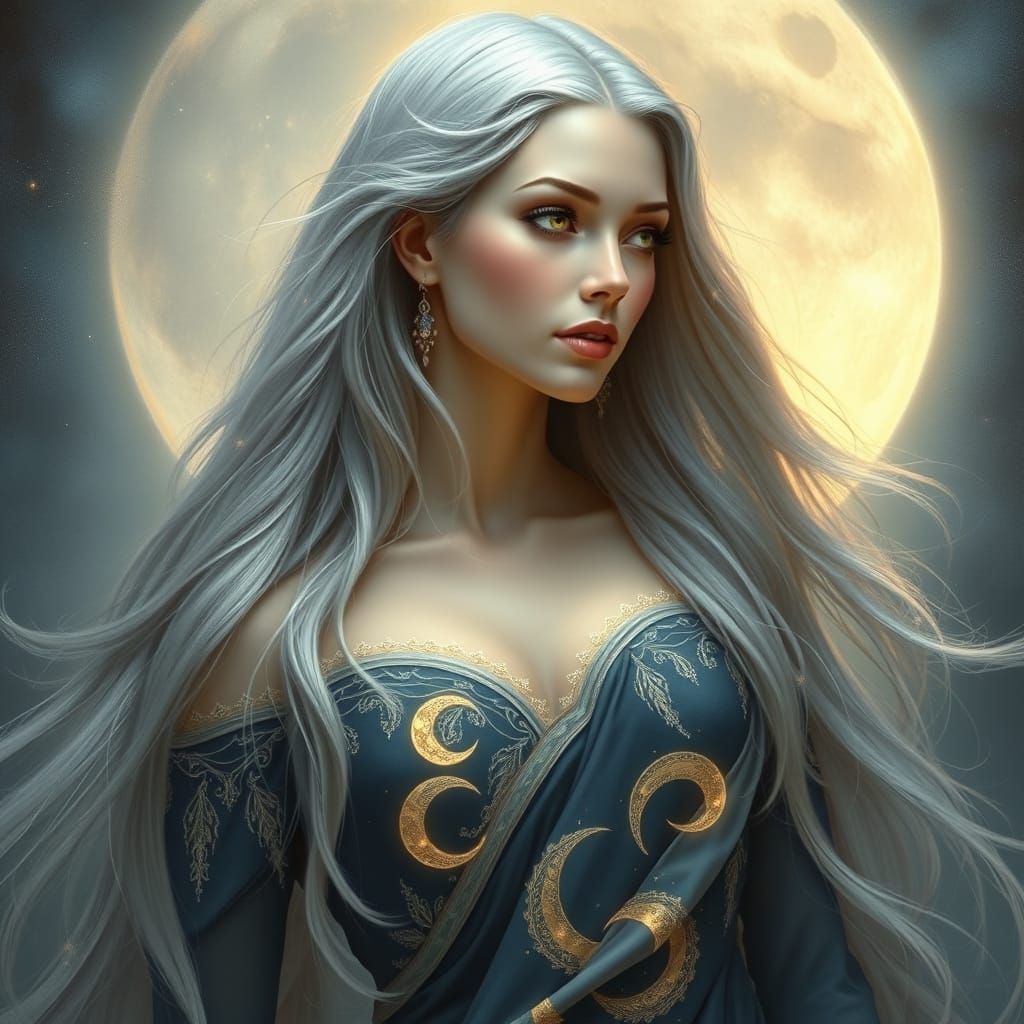 Goddess of Lunar Enchantment in Shimmering Moonlight