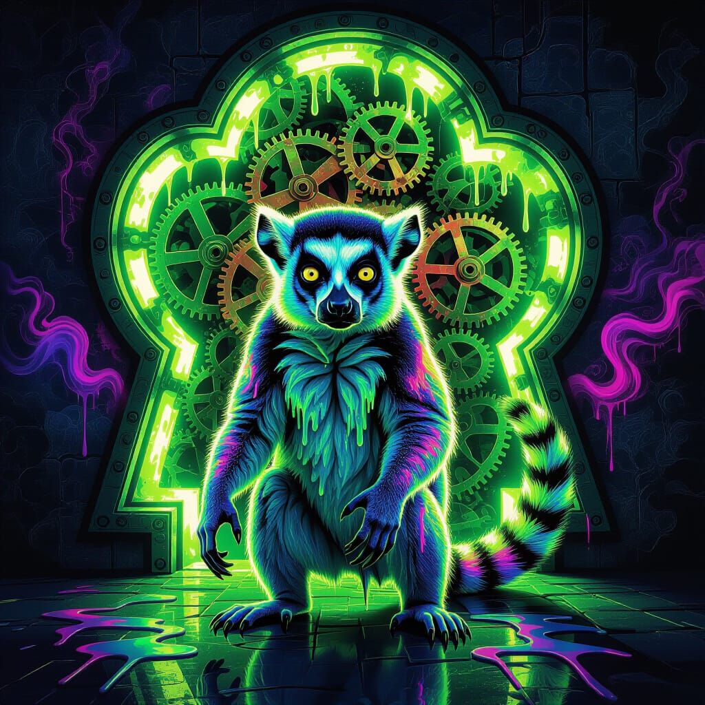 Evil Lemur Through Keyhole in Psychedelic Graffiti Art