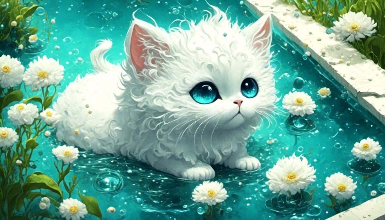 <lora:eye:1.0> <lora:Fleur Noir:1.0> Blue eyed chubby chibi kitten with fluffy white hair by a pool of water