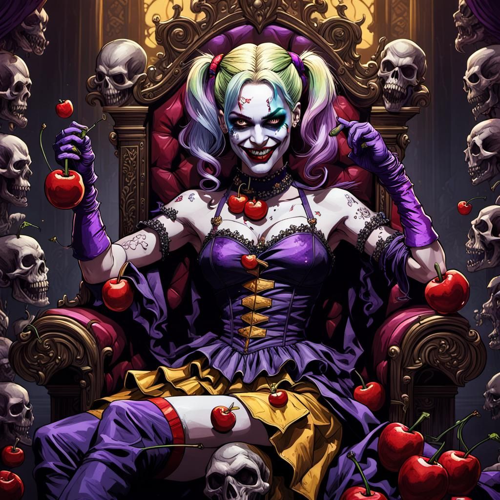 Harley Quinn Feeds Joker on Skull Throne