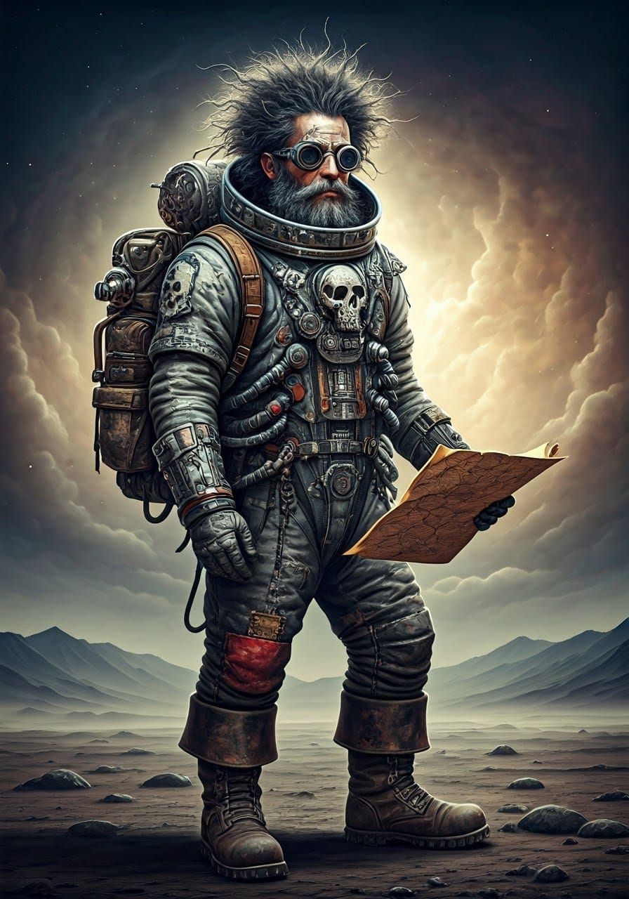Post-Apocalyptic Astronaut on Lunar Landscape