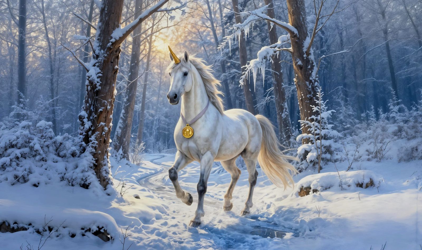 Majestic Unicorn on Icy Path in Snowy Forest