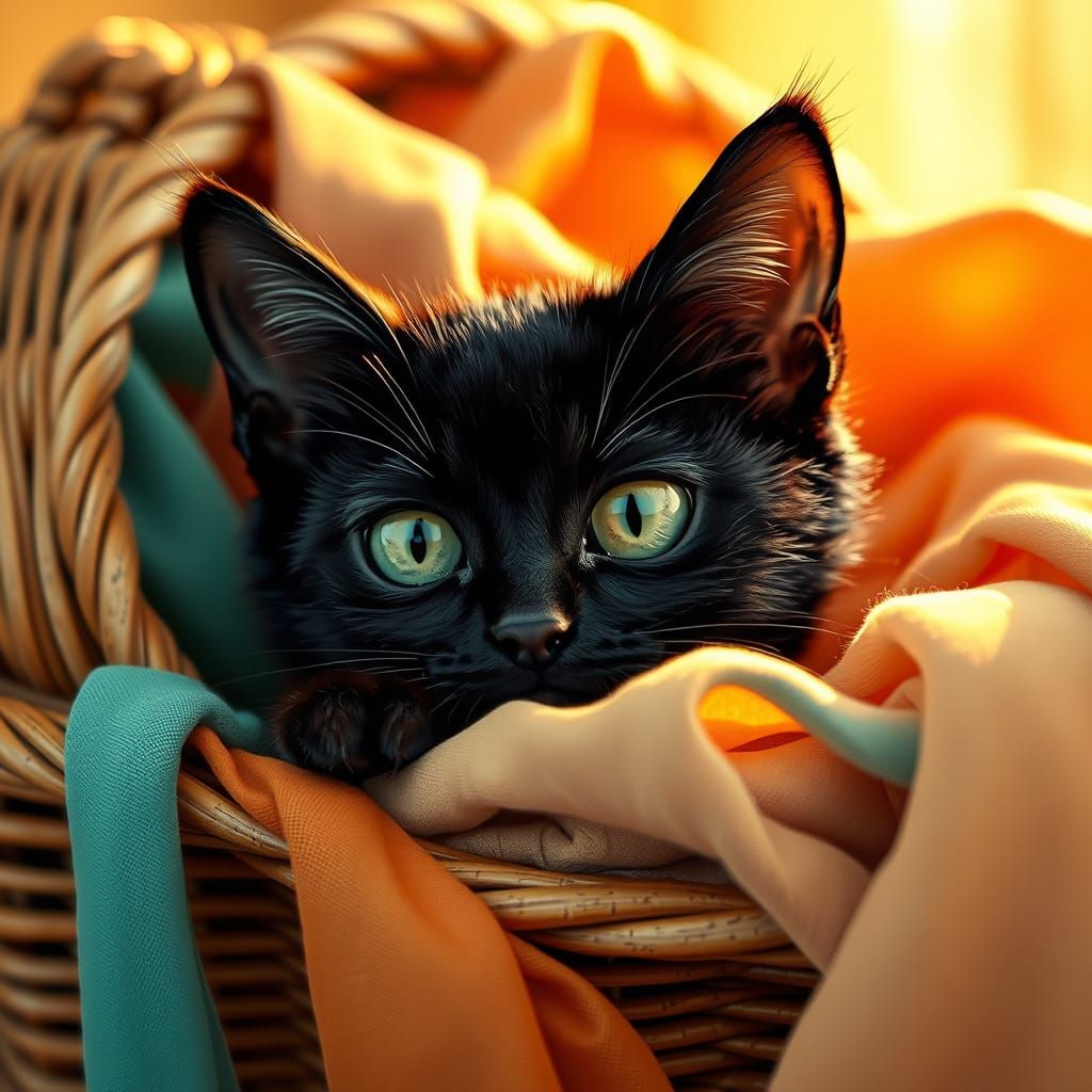 Whimsical Feline Peeks Out of Vibrant Laundry Basket