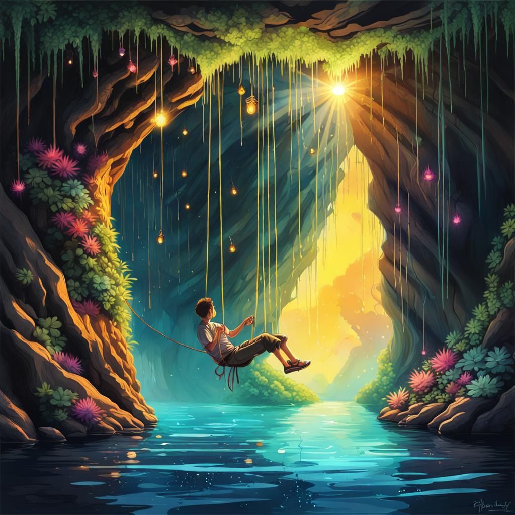 Cave Rope Swing with Glowing Plants in Graffiti Art